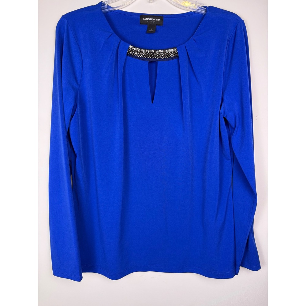 Liz Claiborne Career Royal Blue Beaded Keyhole Pleated Long Sleeve Blouse Large